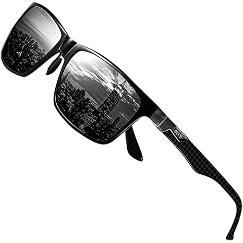 DUCO Sunglasses for Men Carbon Fiber Temples with Rectangular Polarized Metal Frame Sunglasses DC8206 (Shine Black Frame Grey Lens) Cover