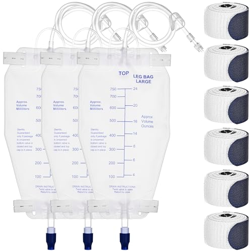 750ml Nephrostomy Bags 3 Pack Urine Drainage Bag Clear Bags with 24 Silicone Tube Twist Drain Valve with 6 Pcs Soft Adjustable Leg Bag Straps for Secure Fit