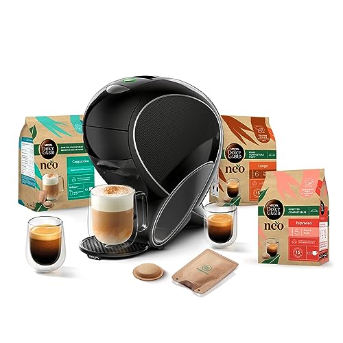 Dolce Gusto NEO Coffee Machine by Krups, Machine à café + 3 boites de dosettes compostables (Espresso, Lungo, Cappuccino), Cafetière multi-boissons connectée YY5242FD