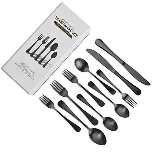 40 Pieces Matte Black Silverware Set Serve for 8, Stainless Steel Flatware Set Utensils Cutlery Tableware Set Including Steak Knife Fork and Spoon, Gift Package for Wedding Housewarming