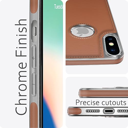 Image of Amazon Basics Back Cover iPhone X /Xs Silver Electroplated Chrome | Full Camera Protection | Chrome Leather | Flexible Pu Leather Bumper Case (Tan)