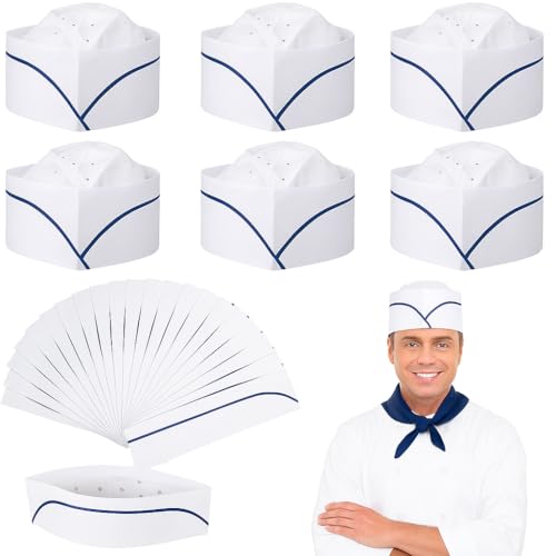 100 Calots en Papier Jetables Ajustables - Style Bateau Blanc avec Franges Bleues 28 cm | Charlotte Cuisine Hygiène Restauration Collective | García de Pou