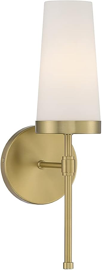Savoy Essentials 9-2801-1-322 Haynes Modern White Opal Glass Wall Sconce, 1-Light 60 Watt, 16" H x 5" W, Warm Brass