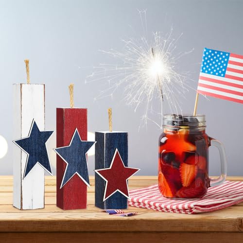 Image of Amyhill 3 Pcs 4th of July Decorations Set Wooden Patriotic Table Centerpieces Independence Day Wood Firework Fourth of July Table Signs for 250th Anniversary Home Farmhouse Decor (Vintage Style)