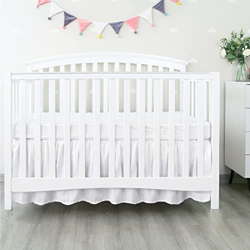 Image of Crib Bed Skirt 14 inch Drop, Fits 28 inchx52 inch Crib, Adjustable, White | 4-Sided Design, Adjustable Elastic Straps, Soft Polyester, Fade & Shrink Resistant, Machine Washable, Fits Standard Cribs