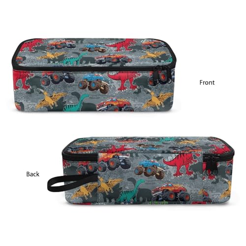 Image of Dinosaur Boys Pencil Pouch Truck Print Large Pencil Case for Kids 6-8 Years Portable Pen Bag with Double Zipper for Elementary Students