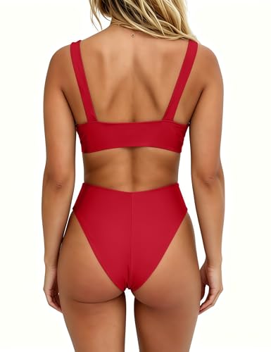 Image of geluboao Bikini Set for Women Solid V Neck Knot Front Push Up High Leg Thong Two Piece Swimsuit