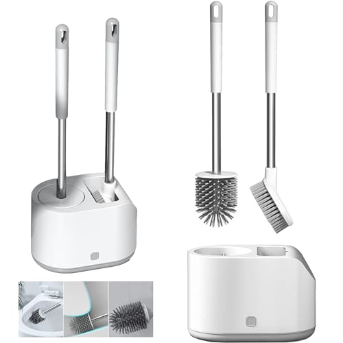 Vmingo Cepillo Escobilla Inodoro 2 en 1 con Base Antigoteo — Cabezal Giratorio de Silicona TPR | Limpieza Profunda sin Rayones | Cepillo para Baño Compacto y Moderno