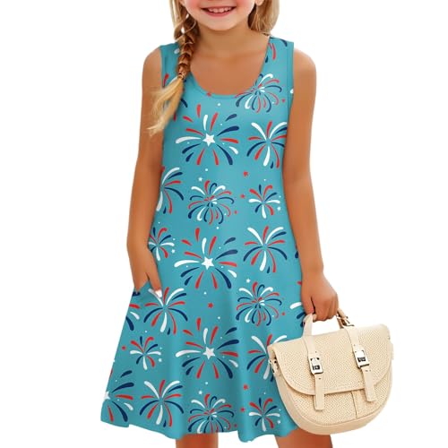 Girls' Sleeveless Patriotic Dress American Flag Red White Blue Summer Casual Sundress with Pockets, 3-14 Years4