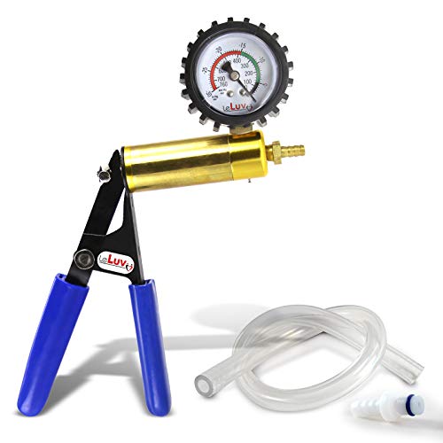 LeLuv Ultima Blue Vacuum Pump - Aluminum Alloy &amp; Brass Handle Manual Hand Vacuum (0-30 Hg, 0-760 mmHg), Gauge Installed with Protective Rubber Cover, Rubber Padded Grips with Clear Hose &amp; Fitting