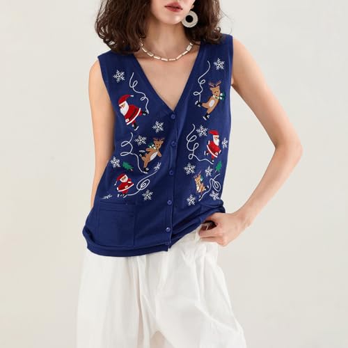 Image of Women Christmas Knit Vest Top Santa Embroidery Sleeveless Button Down Sweater Vest Xmas Snowman Cardigans Tank Top