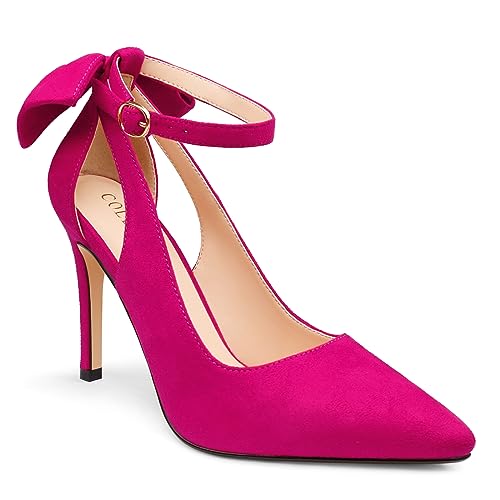 Image of COLETER Womens Back Bow D'Orsay Pumps Pointed Toe Ankle Strap Wedding Heels | 4 Inch Stiletto Heels, Adjustable Ankle Strap, Back Bow Pumps, Formal Evening Bridal Shoes