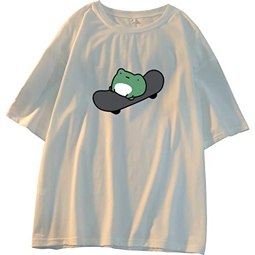 Skateboard Frog Summer Women Short Sleeve T-Shirt Cartoon Printing Pattern Kawaii Korean Tops