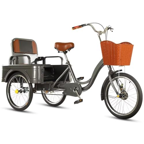 Triciclo grande para adultos, triciclo de 20 pulgadas con asiento trasero, bicicleta de 3 ruedas, triciclo de crucero con cabina trasera, asiento y manillar de altura ajustable, triciclo de carga