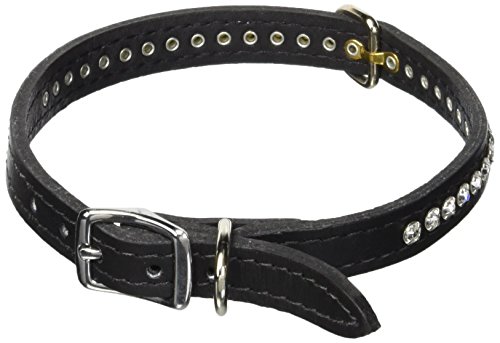 Image of Signature Leather Crystal Dog Collar, Black Solid Grain Leather, Fits 11.5 inch-13.5 inch Neck Size, 16 inch Overall Length