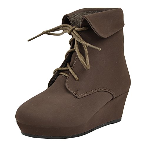 DS By KSC Girls Lace Up Cuffed Wedge Ankle Booties Brown