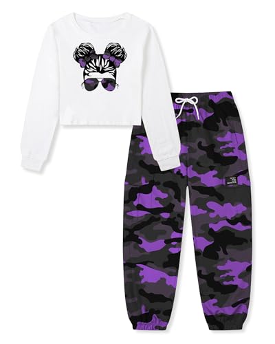 Image of Betusline Girls Fall Winter Clothing Sets, Long Sleeve Crop Top & Cargo Jogger Pants 2 Piece Outfit Sets,4T-14Y
