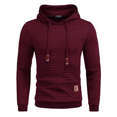 COOFANDY Men's Sweatshirt Hipster Gym Long Sleeve Drawstring Hooded Plaid Jacquard Pullover Hoodies (Wine Red, XL) Cover