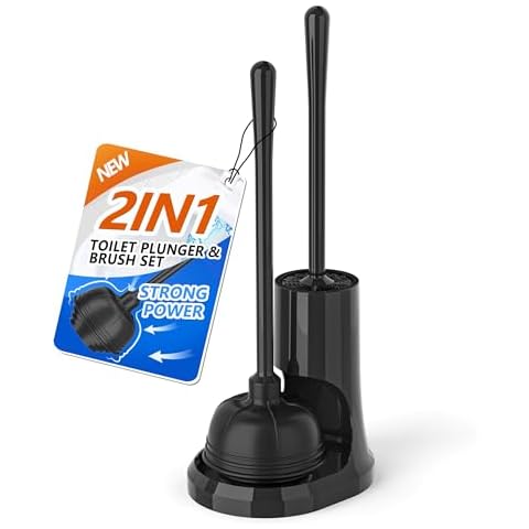uptronic Toilet Plunger and Brush, Bowl Brush and Heavy Duty Toilet Plunger Set with Holder, 2-in-1 Bathroom Cleaning Combo with Modern Caddy Stand (Black, 1 Set) Cover
