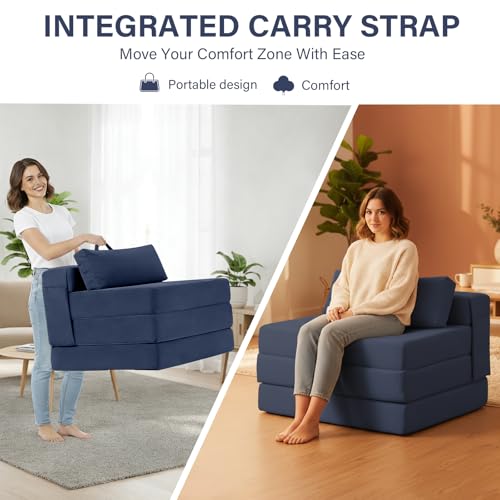 Image of Tiita Folding Sofa Bed Chair, 4-Fold Convertible Sleeper Chair with Lumbar Pillow, Washable Cover & Side Pocket, Floor Couch Bed with Raised Seat, Single Size for Small Spaces, Navy