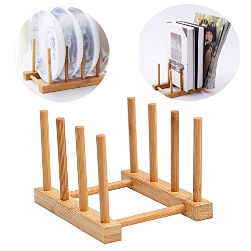 Basetousual Estante de Almacenamiento de Vajilla de Madera, Rejilla de Drenaje de Bambú, Plato De Madera Escurridor, para Platos, Tazones, Tazas, Tapas de Ollas, Tablas de Cortar, Libros, 3 Ranuras Cover
