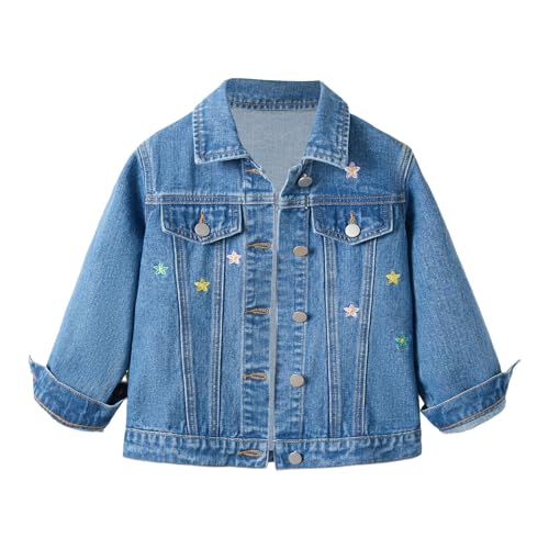 Kids Girls Trendy Jean Jackets Cute Embroidered Flowers Denim Jackets Long Sleeve Button Down Lapel Coat Fall