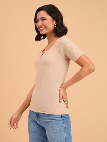Image of barcino Beige Ribbed V-Neck Short Sleeves Top