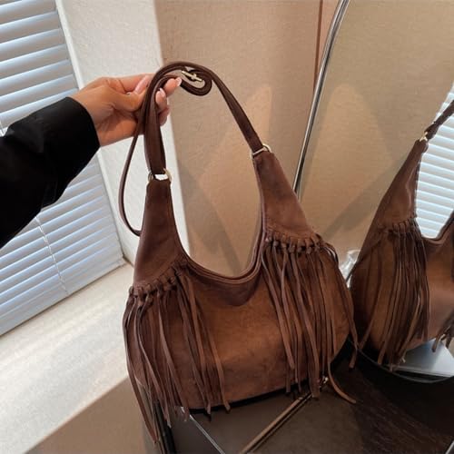 Image of Women Vintage Suede Fringe Hobo Bag Tote Shoulder Bag Crossbody Bag and Hippie Western Cowgirl Purse Shoulder Bag