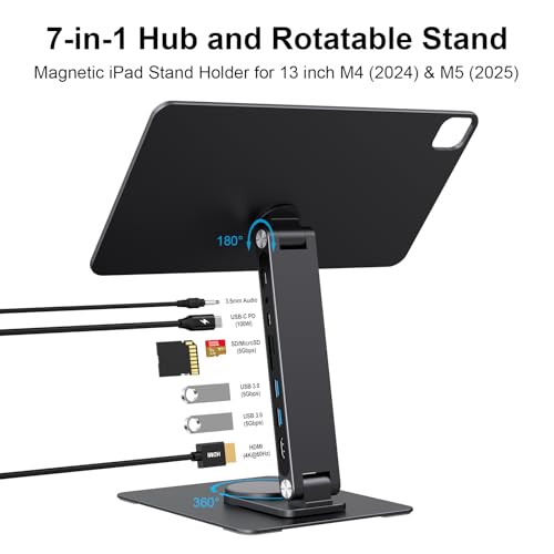 GEWOKLIY iPad Pro Magnetic Stand Hub for M4,Foldable Stand Dock Holder for iPad Pro M4 with 360° Rotation, 4K HDMI, Card Readers, USB3.0 5Gbps, 100W PD, 3.5mm Audio (B0DBSY8DYV) by GEWOKLIY - Image 2