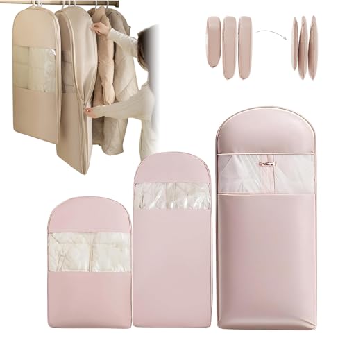 2025 Space Saving Hanging Garment Bag with Self Compression Zipper, Otherwise Hanging Garments Bags, Protects Your Clothes, Save Space (Pink,Large+Medium+Small)