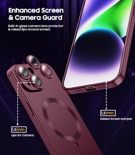 Image of DIZORO Magnetic Case for iPhone 15 Compatible with MagSafe Built-in Camera Lens Protector Slim Soft Silicone Bumper Shockproof Metallic Luster Back Cover Phone Case Wine Red