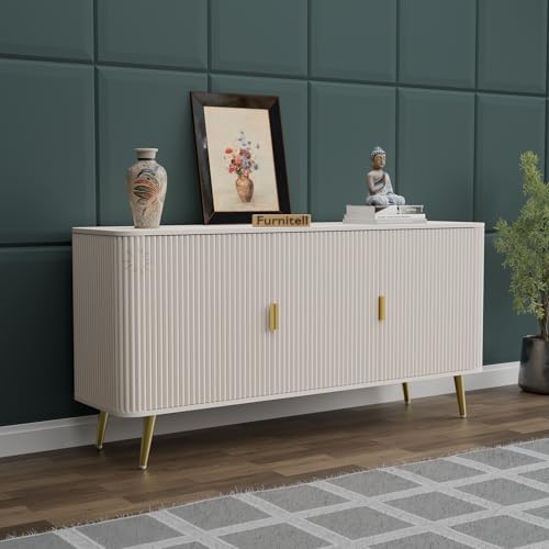 Image of Wooden Sideboard Cabinet for Living Room Storage | Modern Wooden Storage Cabinet with 3 Doors & Shelves | Buffet Console Cabinet for Dining Room, Bedroom & Hallway | Warm White | 150 cm