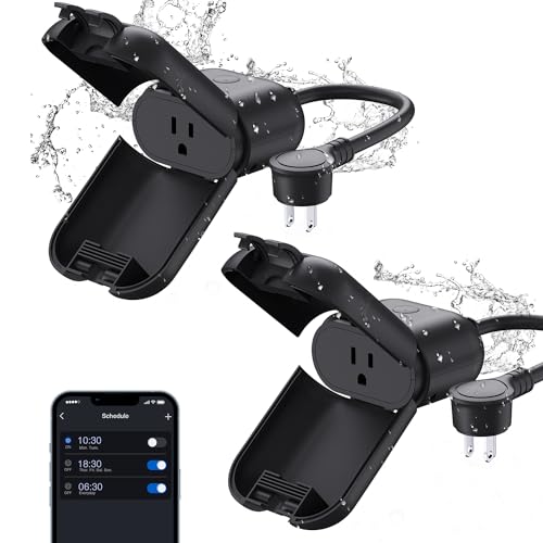 ELEGRP PQR10 Outdoor Smart Plug Waterproof IP66, WiFi Plug Compatible with Alexa &amp; Google Assistant, Smart Outdoor Outlet for String Lights, No Hub Required, 1875W Max, UL Certified, 2 Pack, Black