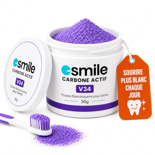 ESMILE Charbon Blanchissant Dents Immédiat – Poudre Charbon Dent Blanche Naturelle à la Menthe – Blanchiment Dentaire Poudre à base de Noix de Coco (-, Charbon V34 Violet)