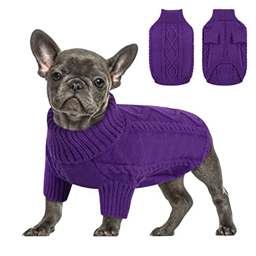 Lista de Prendas de punto Top 10. 36 Queenmore Small Dog Pullover Sweater, Cold Weather Cable Knitwear, Classic Turtleneck Thick Warm Clothes for Chihuahua, Bulldog, Dachshund, Pug (Purple, Large)
