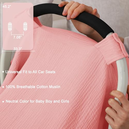 Image of 100% Muslin Cotton Car Seat Cover Baby, Carseat Canopy Cover, Universal Fit Stroller Covers for Boys and Girls (Pink)