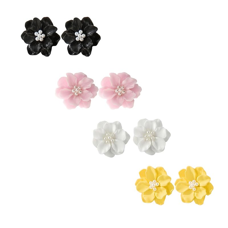 4 Pairs Colourful Floral Pearl Earrings Set Statement Cute White Black Yellow Big Hibiscus Pearls Flower Stud Earring Stacks Jewelry Pack for Women3