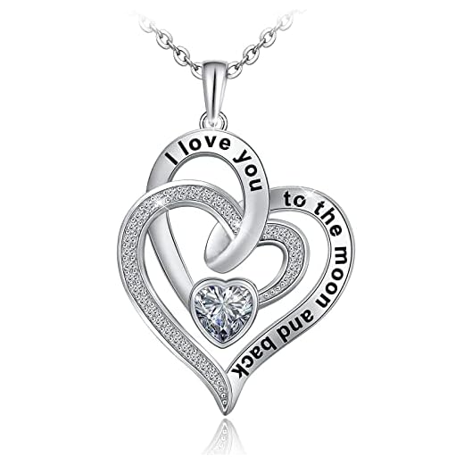 Distance Heart Necklace for Women 925 Sterling Sliver Heart Jewelry I Love You to The Moon and Back Necklaces for Mother Girlfriend Wife with Jewelry Gift Box