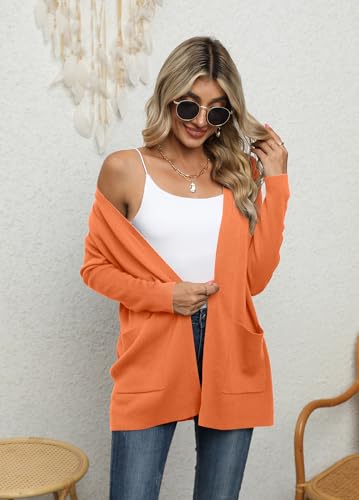Yommay Strickjacke für Damen Elegante locker lässig leichtes Frauen Herbst Langarm Pullover mit Taschen,Orange,XXL