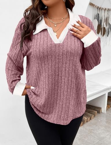 Image of Koscacy Women Plus Size Casual Knit Sweater Lapel V Neck Solid Color Tops Lightweight Long Sleeve Blouses