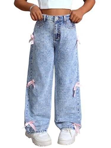 Image of Jeans for Girls Baggy Wide Leg Cute Bow High Elastic Waisted Denim Pants Y2K Boyfriend Skater Streetwear 7-14Y