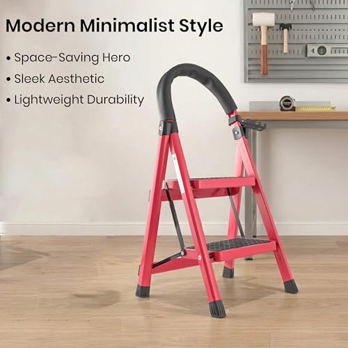 Image of Norman Jr Red 2 Step Ladder for Home Use with Built-in Tool Tray | Heavy Duty D Shape Rods | Ultra Large Platform | Wide Rubber Feet | 150Kg Capacity Foldable Ladder - 7 Years Warranty