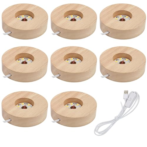 Image of 8-Pack Warm Light LED Base for Crystal Glass Ball - 2.5in LED Wood Display Base - Glass Crystal Artwork, Holiday Party Decoration