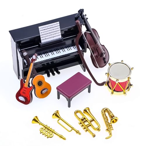 Hsthe Sea 12 pièces Maison de poupée Miniature Instrument de Musique Ornement Saxophone Piano Violon Guitare Tambour modèle Meubles décoration Accessoires