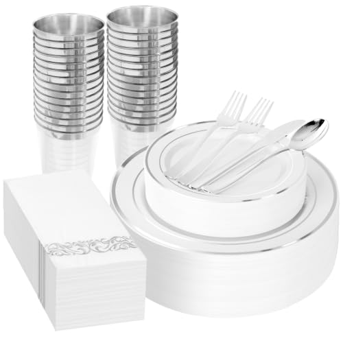 Supernal 200Pcs White and Silver Plastic Dinnerware Set for 25 Guests Party