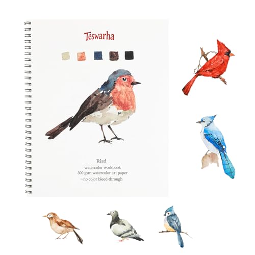 Teswarha Watercolor Workbook Using Thick Real Cotton Watercolor Paper for Adults Teens Spiral Bound 300GSM Art Paper 12 Sheets Birds 8.2 x 9.8in