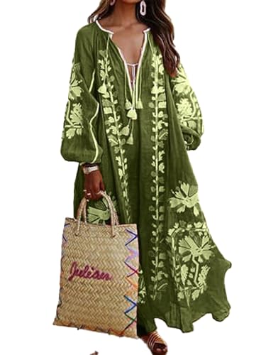 Vestido largo de manga larga para mujer, estilo étnico otoñal, cuello en V, bordado floral de manga larga, vestido de manga larga, estilo casual de manga larga para vacaciones en la playa, verde