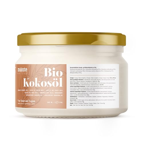 Kokosöl Bio Monte Nativo (200ml) - Coconut Oil - Kokosnussöl in Rohkostqualität - Reines Kokosfett - Bio Kokosöl nativ kaltgepresst zum Kochen, Braten und Backen, für die Haare, Zähne und Haut