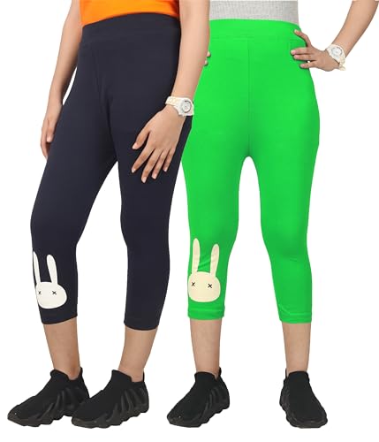 Image of KYDA KIDS Girls Cotton Printed Stretchable Capri Leggings (3 /4 th Pant) for Dance, Yoga, Running, Exercise, Pack of 2