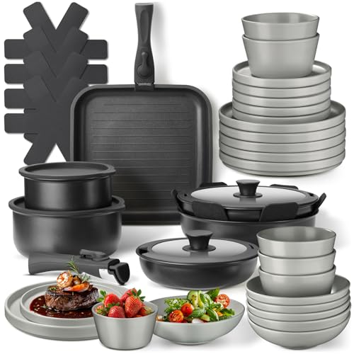 tectake® Set de cuisine 41 pièces, Service de table 6 personnes et Batterie de cuisine, Poêles, Casseroles, Service vaisselle, Assiettes petites et grandes, Assiettes creuses, Bol, Vaisselle en grès